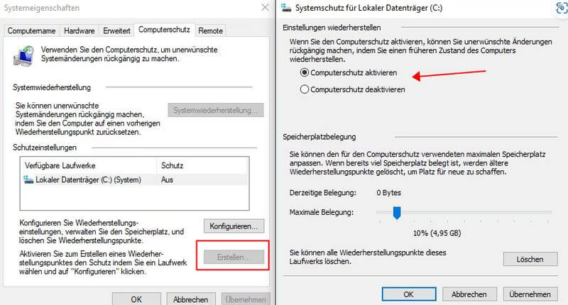 download programme lässt sich nicht öffnen windows 10 systemschutz aktivieren