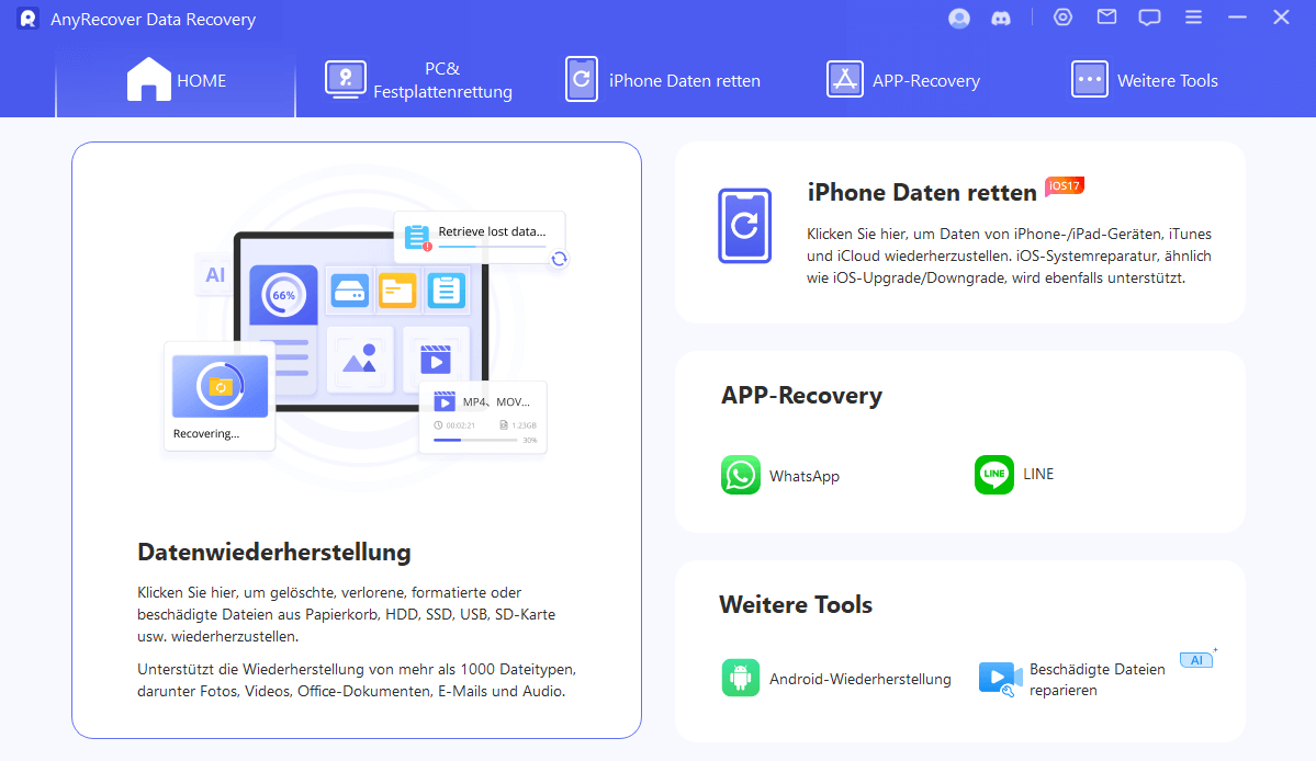 AnyRecover Datenwiederherstellungssoftware Startseite