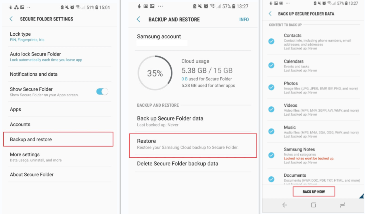 restore secure folder data from settings