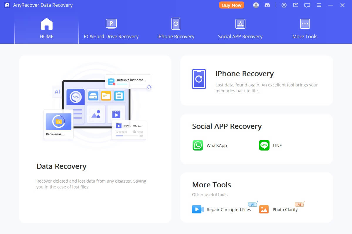 anyrecover hard drive data recovery software interface