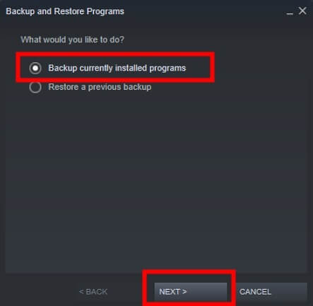backup currently installed programs