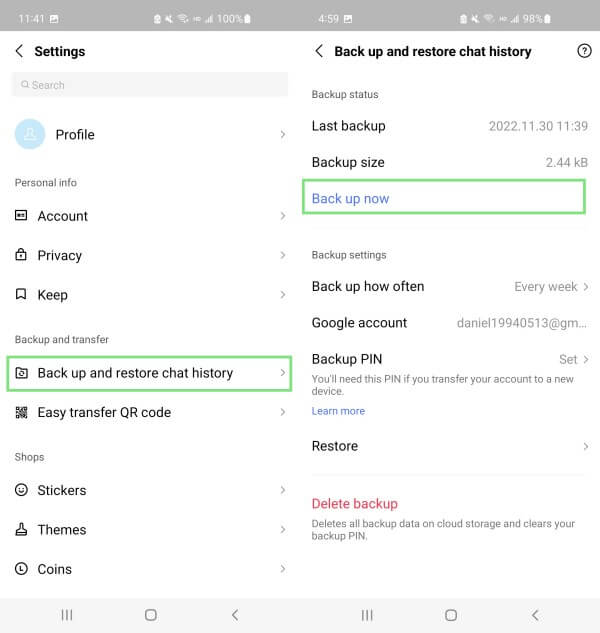 how to back up LINE chat history on Android