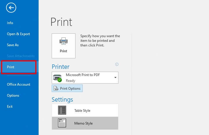 click print in outlook