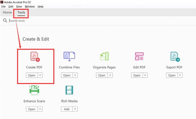 select create pdf in adobe acrobat