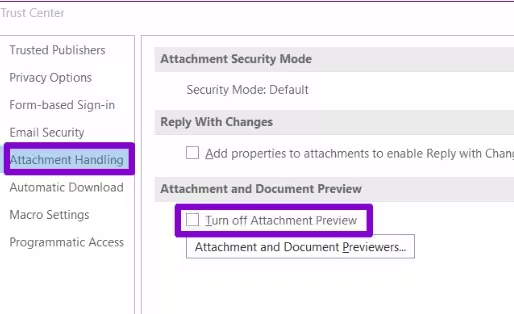 Customize settings to fix missing attachments in outlook