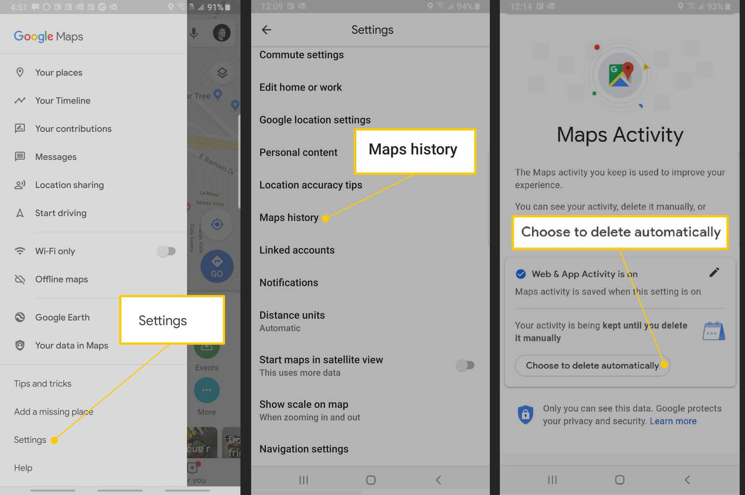 steps of how to delete google maps search history