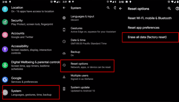 erase all data in Android settings