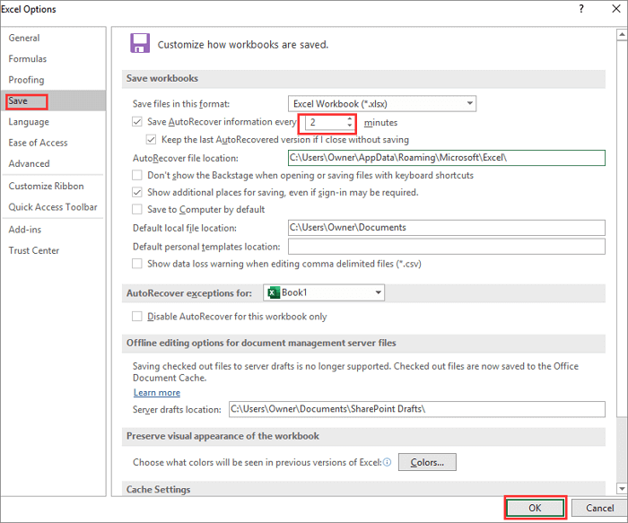 excel autosave setting