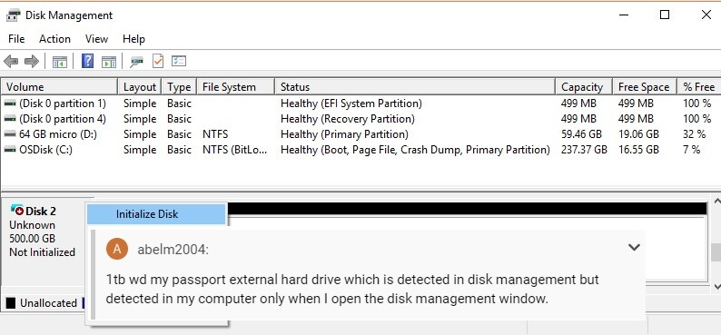 external hard drive not showing up in disk management