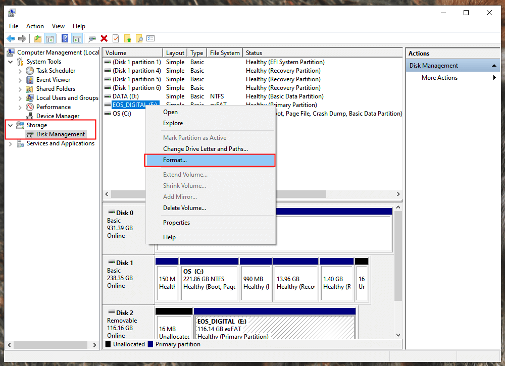 formart option in disk management