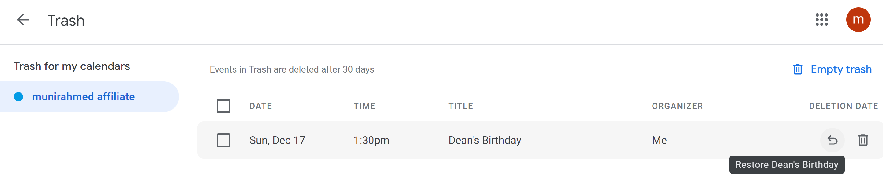 google calendar recover deleted event