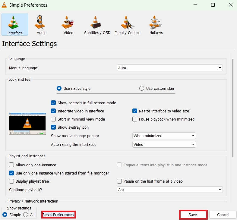 reset preferences