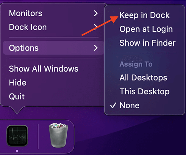 click keep in dock