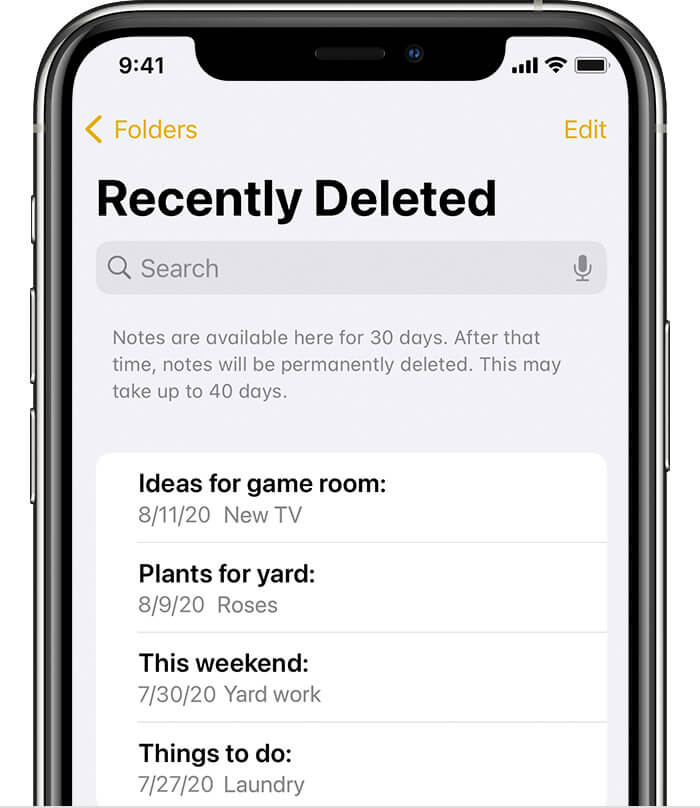 iPhone notes recently deleted folder