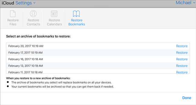 restore Safari history from iCloud web