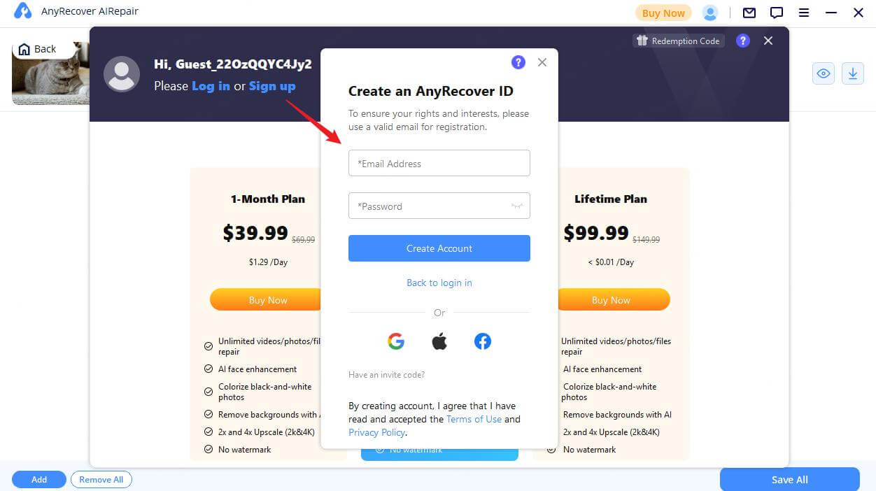 click sign up to create a new airepair account