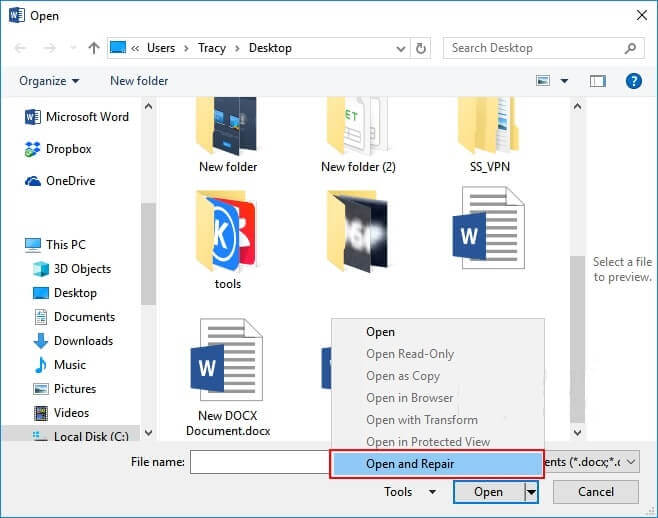 click open and repair option to use text recovery converter on word