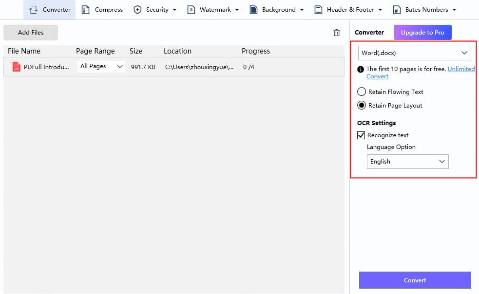 adjust settings and convert the pdf