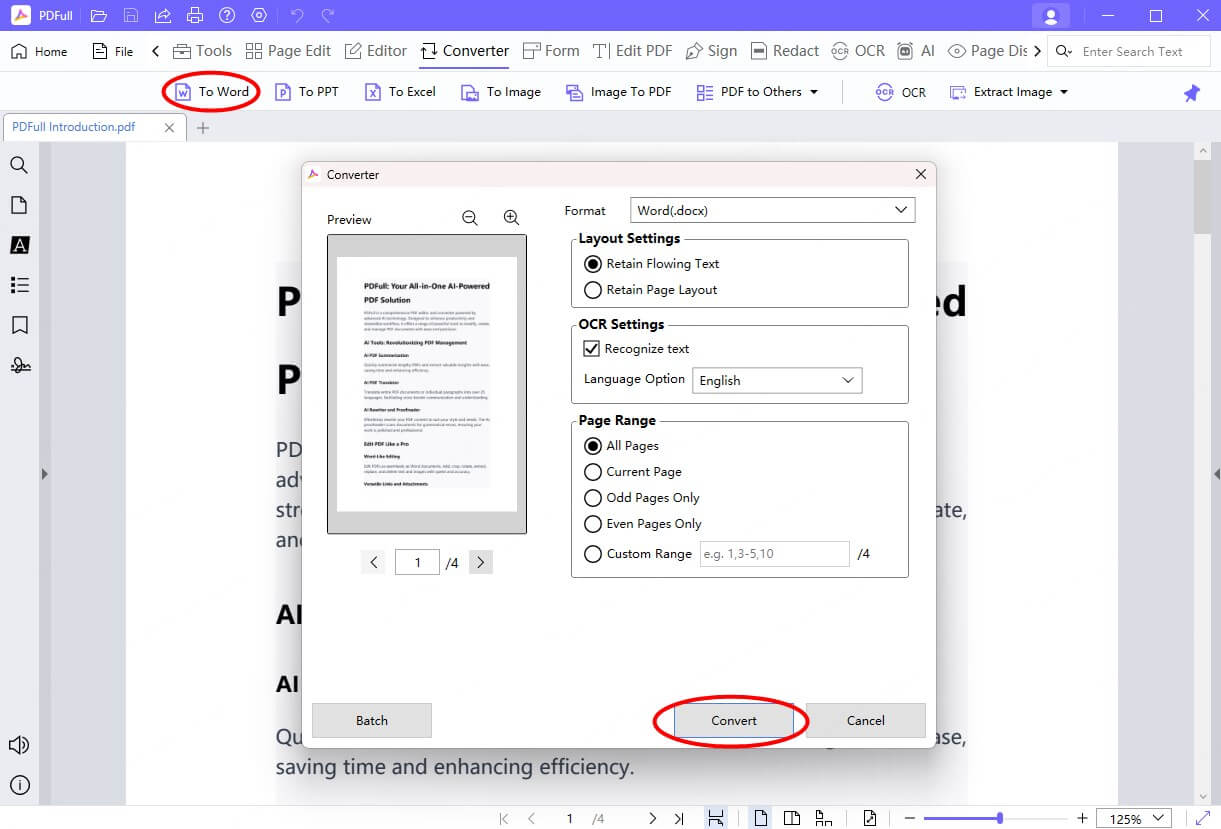 using pdfull to convert pdf to word