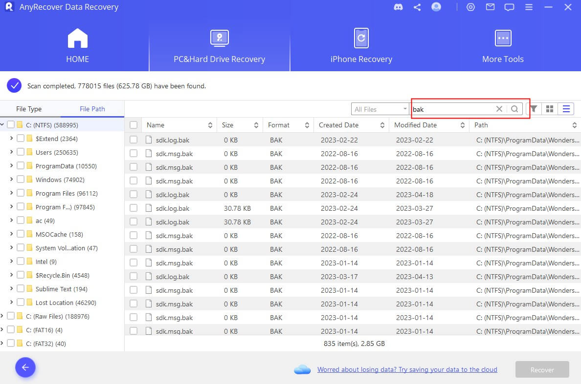 scan bak files with anyrecover