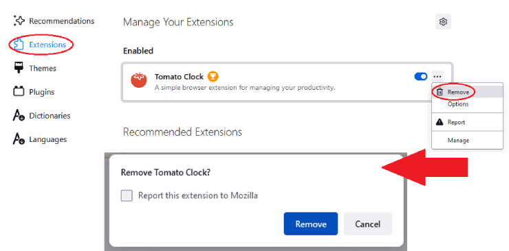 Removing extensions from Firefox to fix 102630 error code