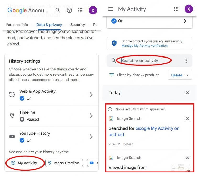 search or browse through your activity in google