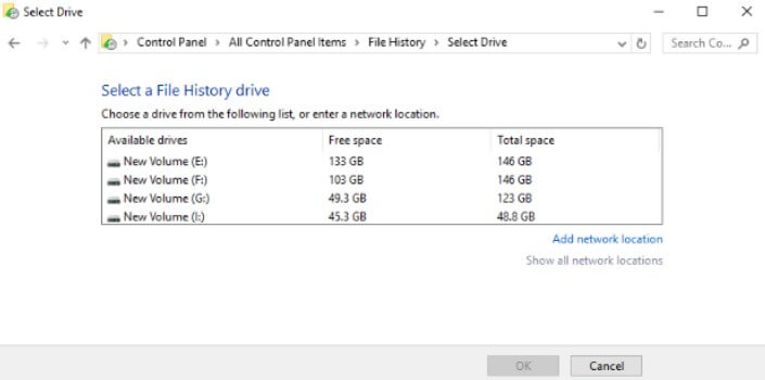 select a file history drive