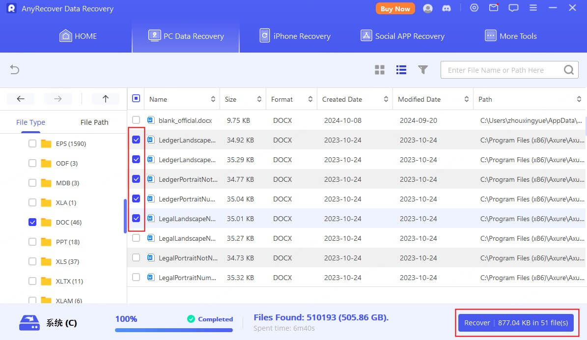 select and recover word files