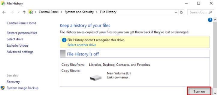 turn on file history option