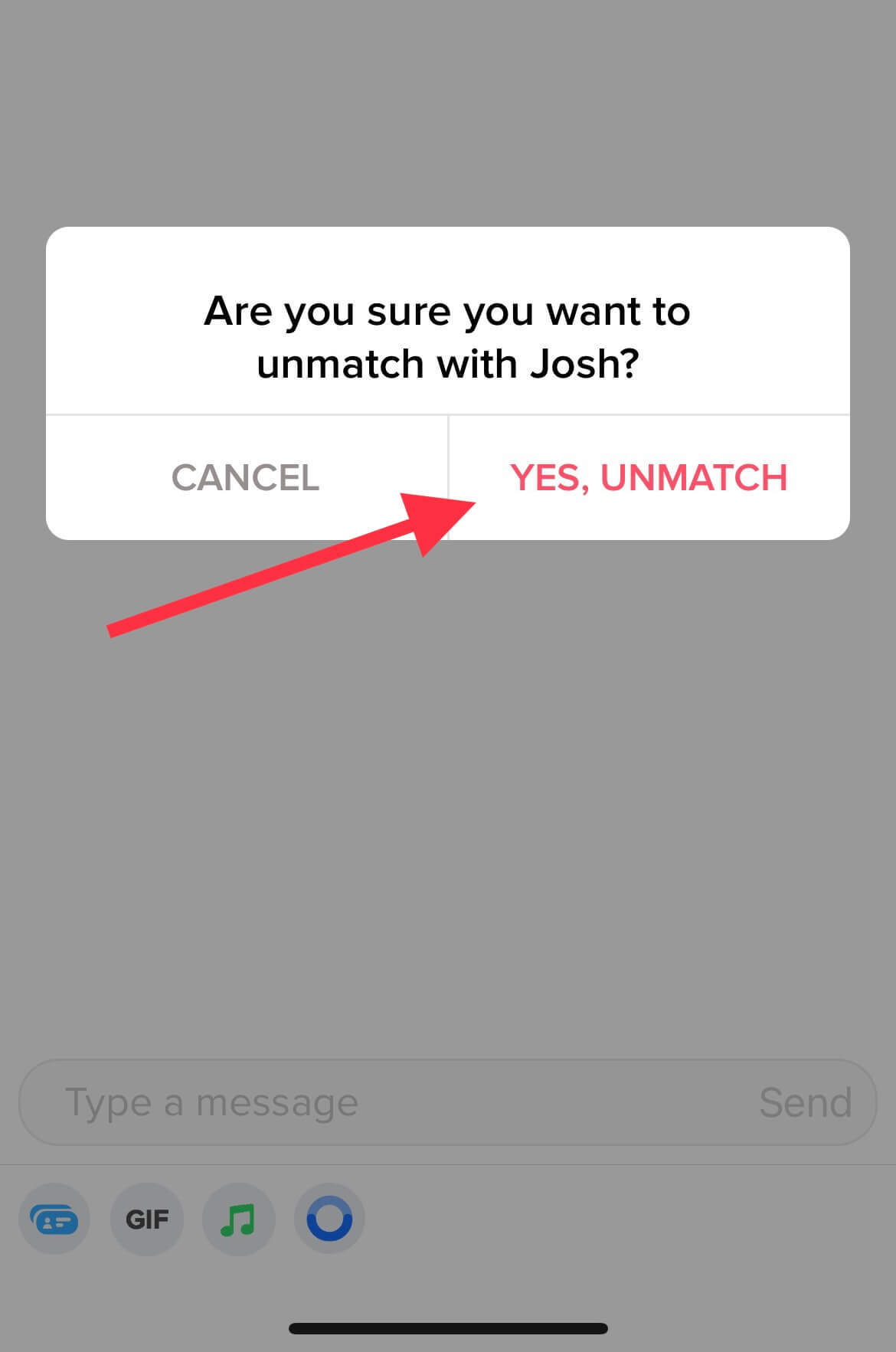 interface of unmatch message on delete tinder