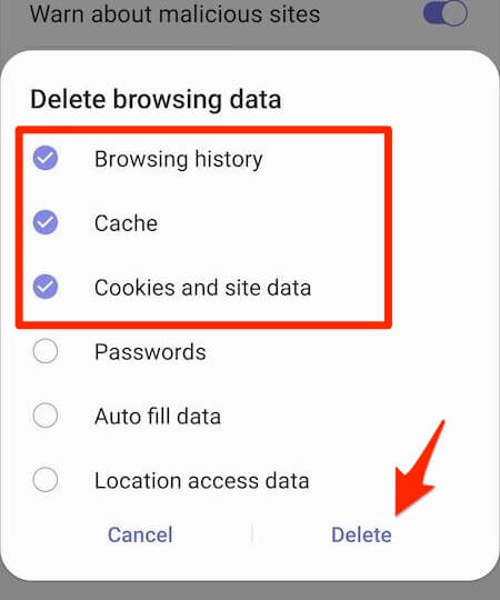 clean browser data from samsung internet