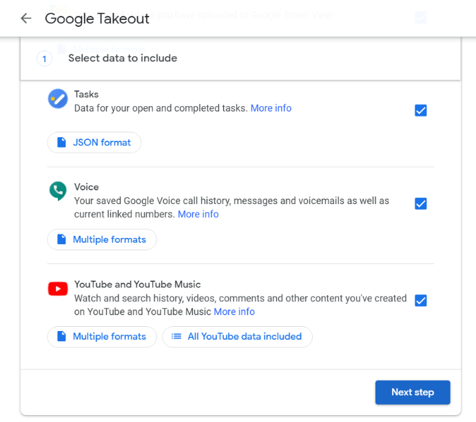  google takeout select data to include