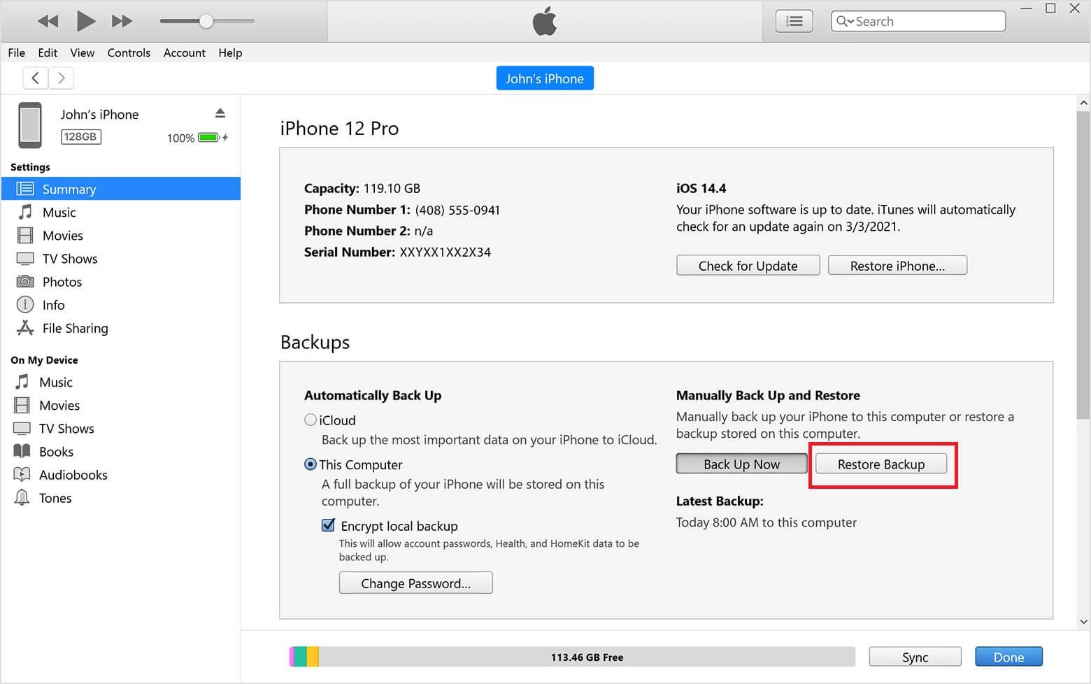 restore backup in itunes 2