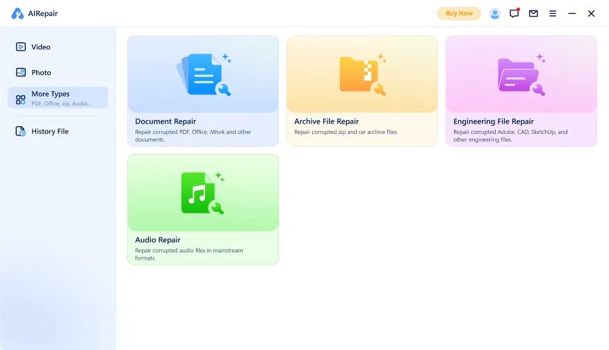 Step 1 in AIRepair: A visual guide to selecting your file type for repair on mobile.