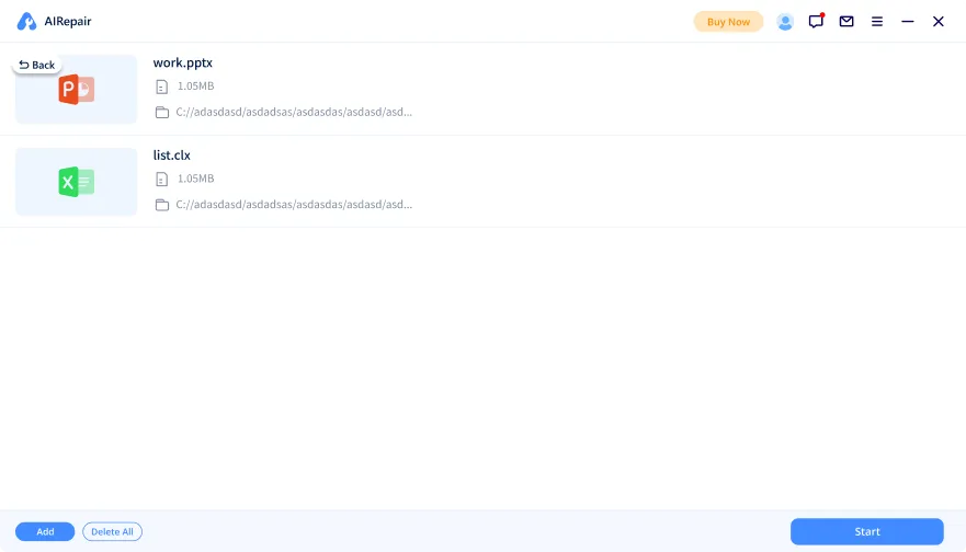Step 2 in AIRepair: Uploading your corrupted files, shown on a mobile interface.
