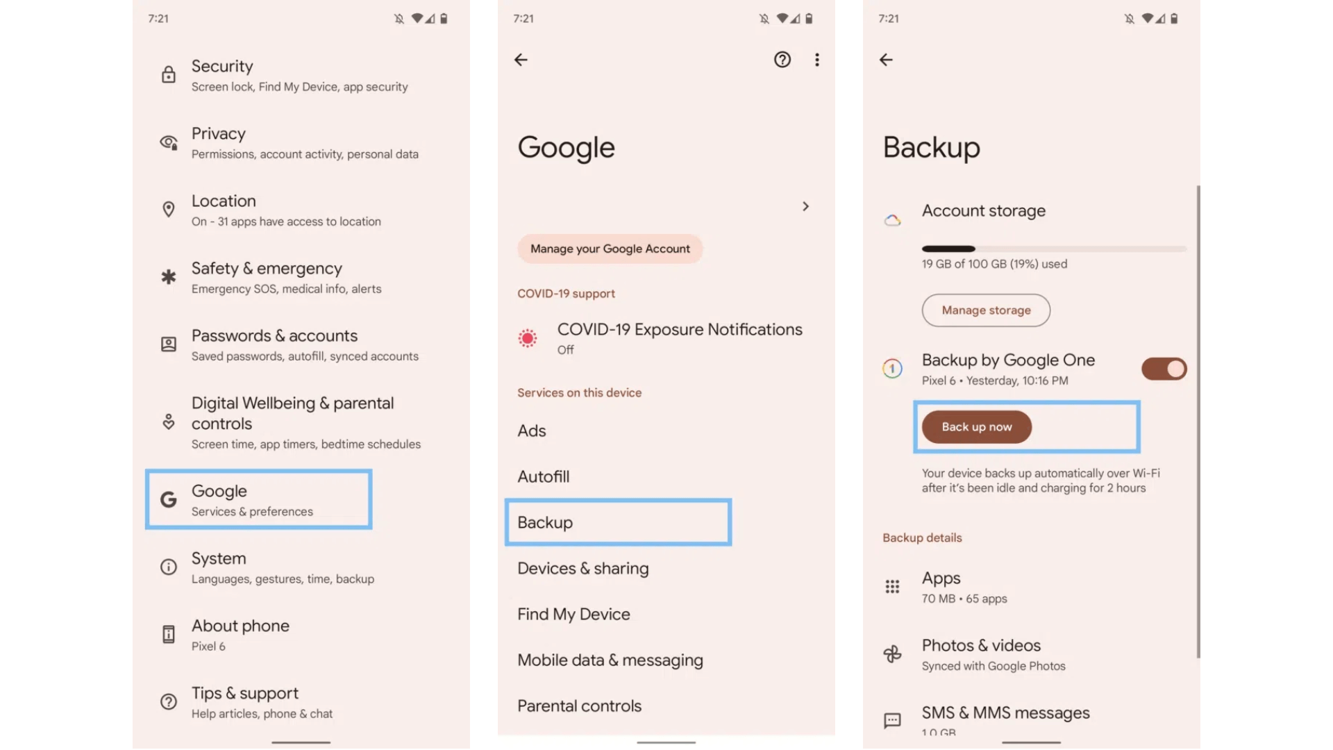 go to the backup section on android device