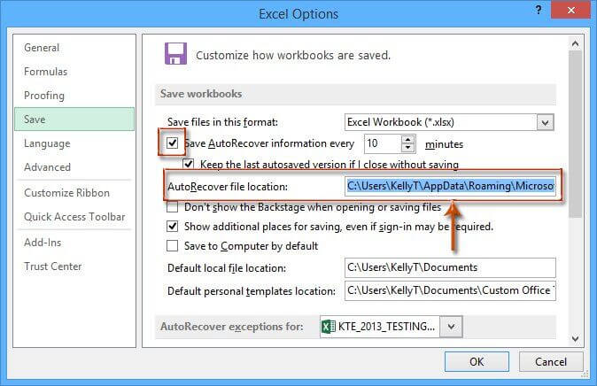 copy the autorecover file location path