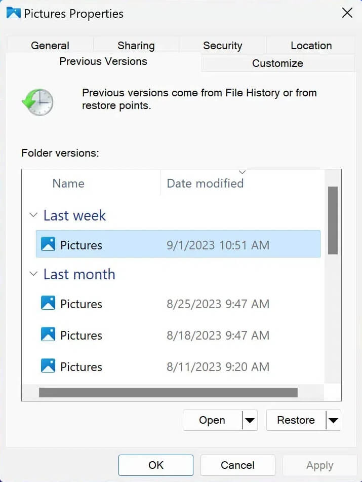 restore previous versions