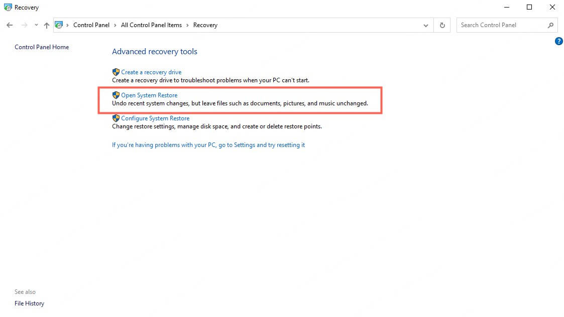 click open system restore
