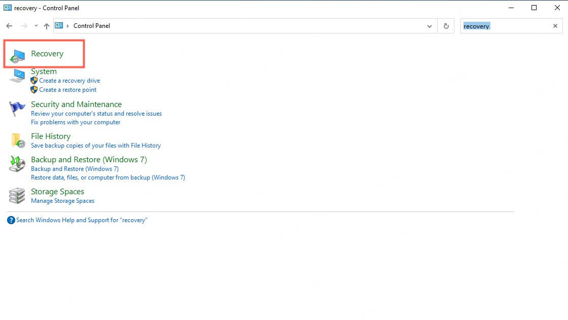 search recovery in control panel