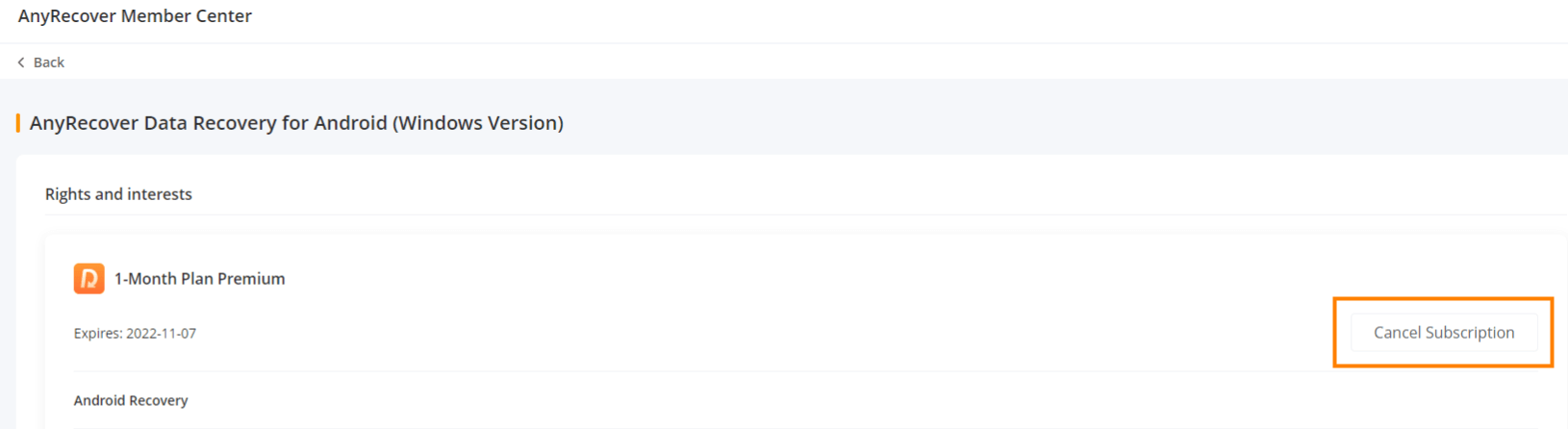 AnyRecover Membership Cancel Subscription