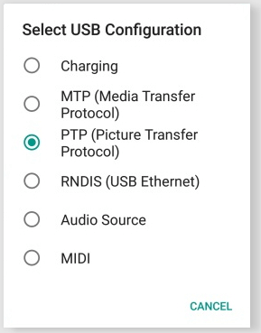 change USB configuration to MTP or PTP
