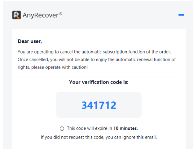 Cancel Subscription verification code