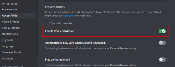 enable reduced motion discord
