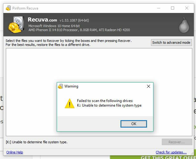 Recuva Failed to Scan the Following Drives