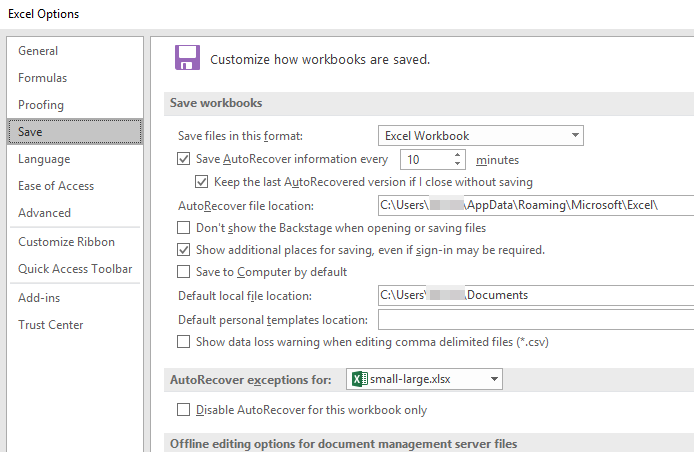 excel autorecover file location