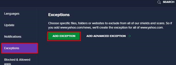 add exception in Avast