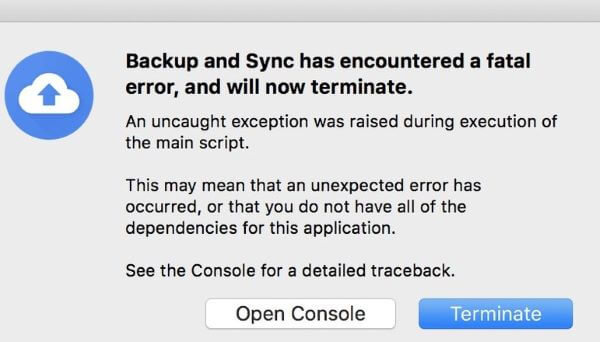 backup and sync fatal error