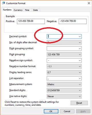 change decimal symbol settings