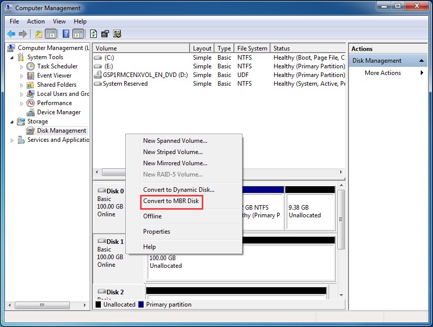 convert to mbr with disk management